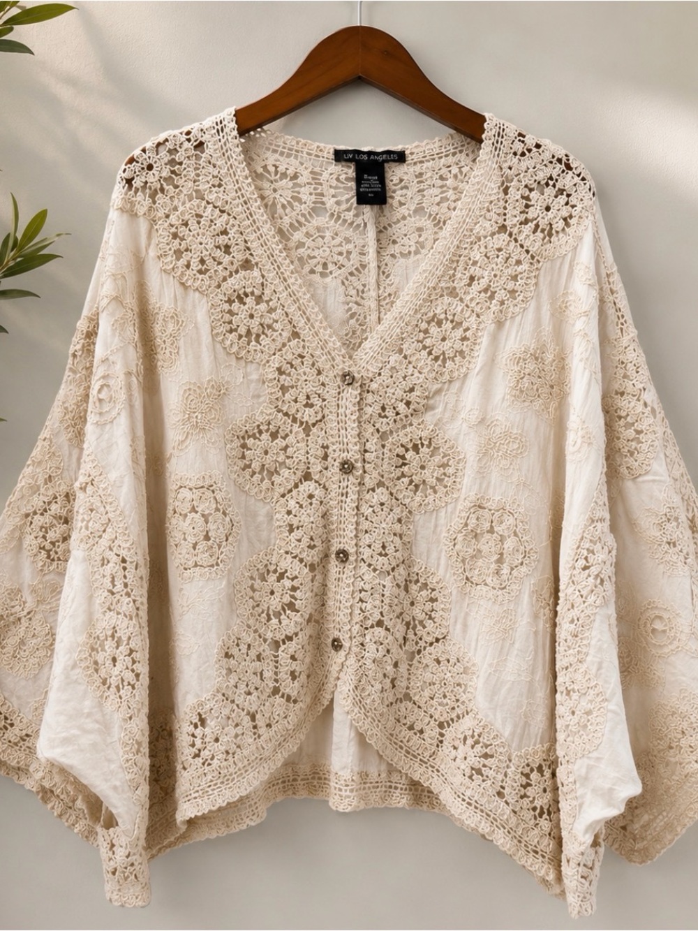 Crochet Trim Cream Button-Front Boho Jacket